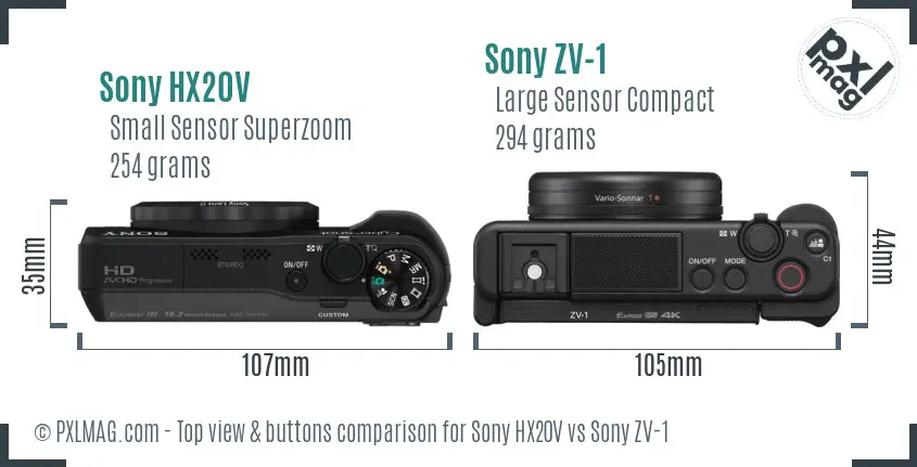 Sony HX20V vs Sony ZV-1 top view buttons comparison