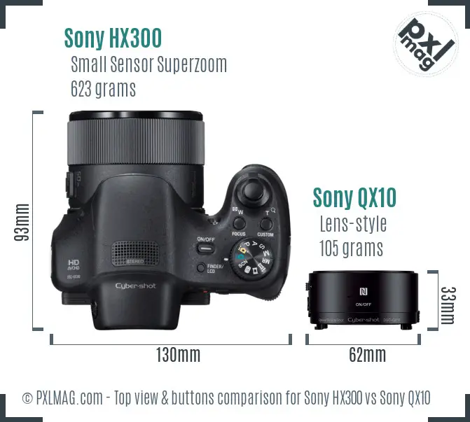 Sony HX300 vs Sony QX10 top view buttons comparison