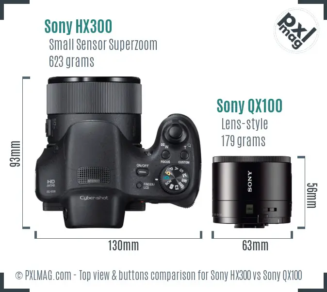 Sony HX300 vs Sony QX100 top view buttons comparison