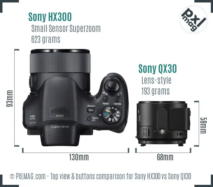 Sony HX300 vs Sony QX30 top view buttons comparison