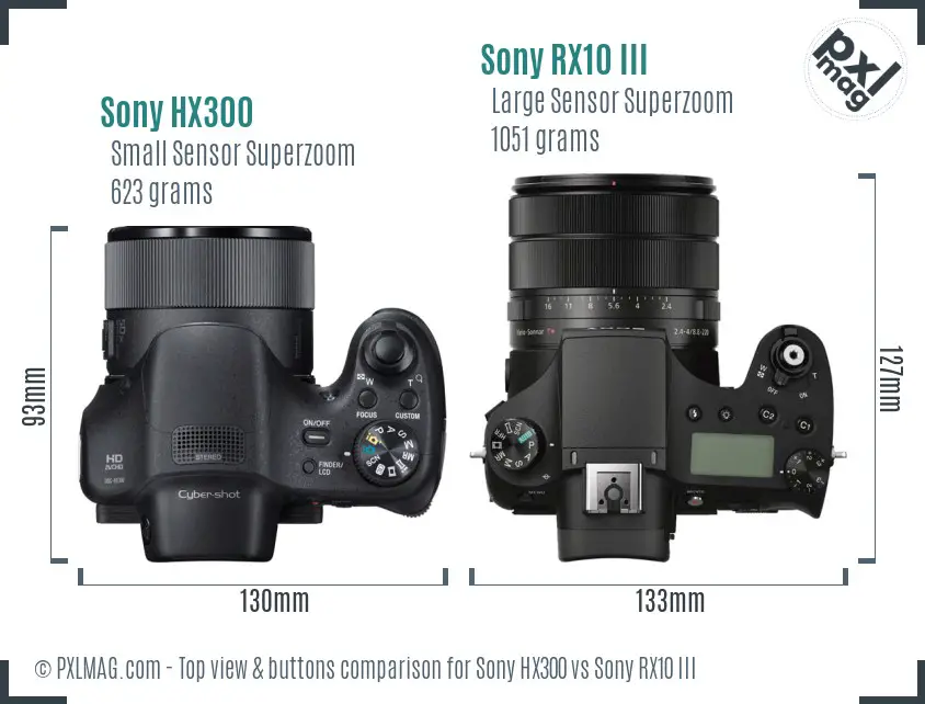 Sony HX300 vs Sony RX10 III top view buttons comparison