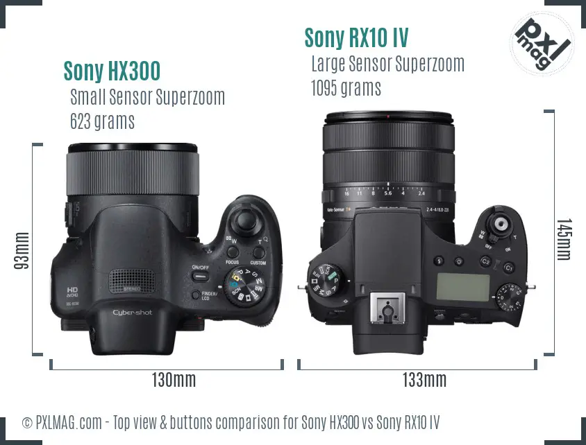 Sony HX300 vs Sony RX10 IV top view buttons comparison