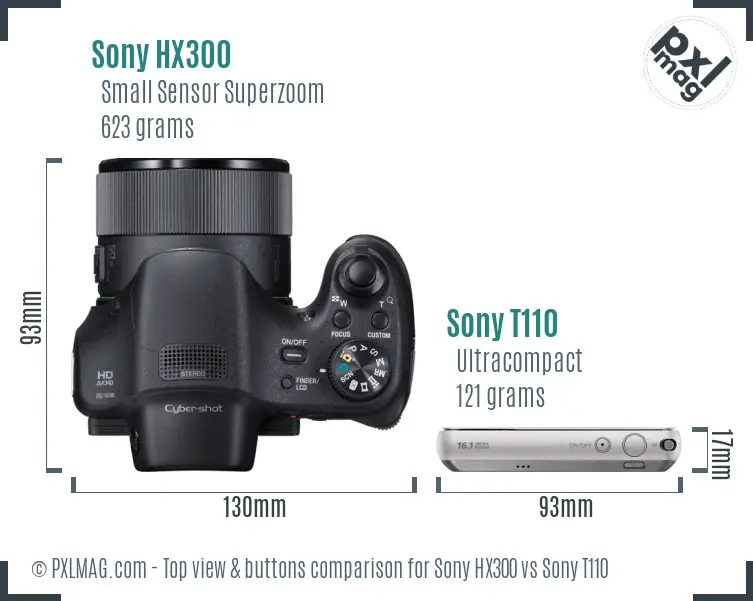 Sony HX300 vs Sony T110 top view buttons comparison