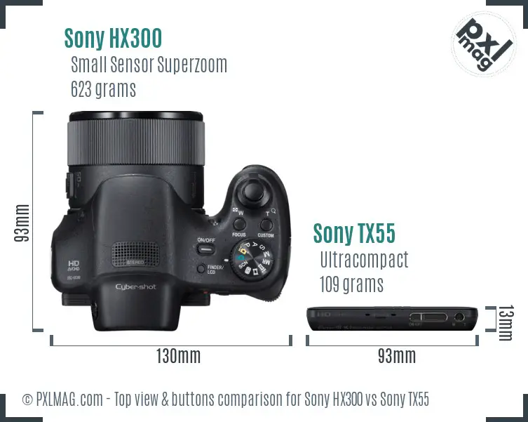 Sony HX300 vs Sony TX55 top view buttons comparison