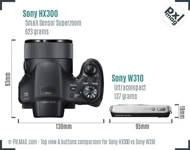 Sony HX300 vs Sony W310 top view buttons comparison