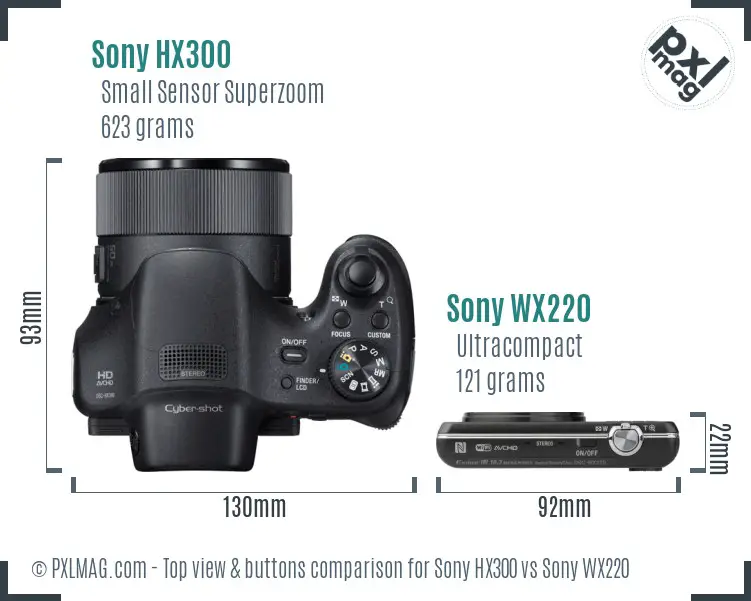 Sony HX300 vs Sony WX220 top view buttons comparison
