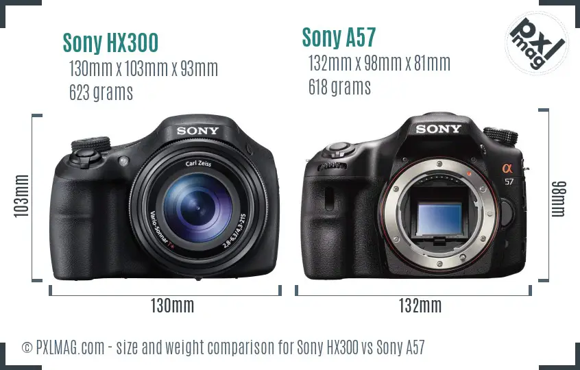 Sony HX300 vs Sony A57 size comparison