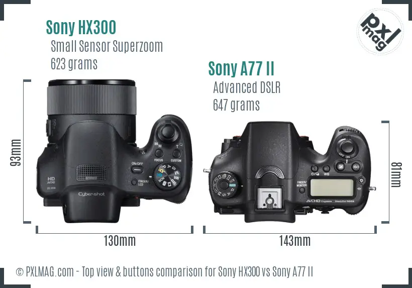 Sony HX300 vs Sony A77 II top view buttons comparison