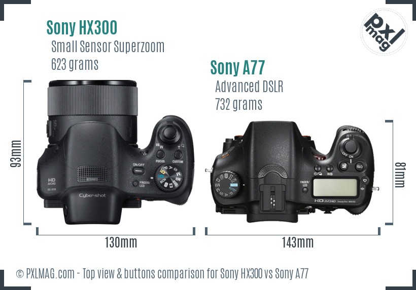 Sony HX300 vs Sony A77 top view buttons comparison