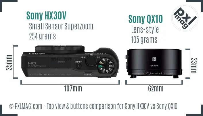Sony HX30V vs Sony QX10 top view buttons comparison