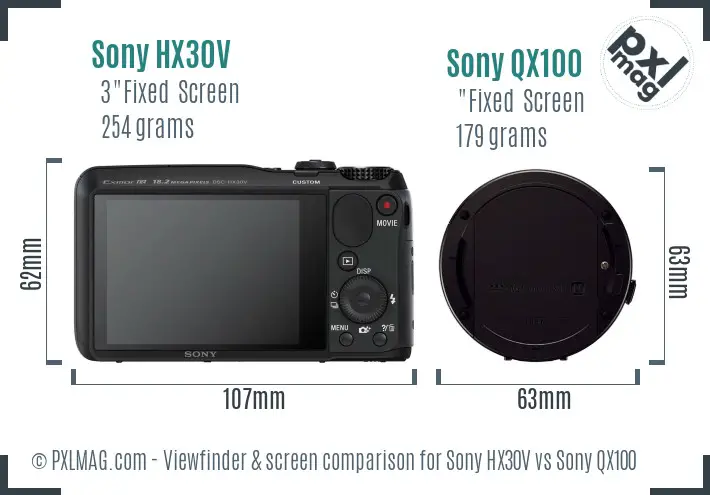 Sony HX30V vs Sony QX100 Screen and Viewfinder comparison