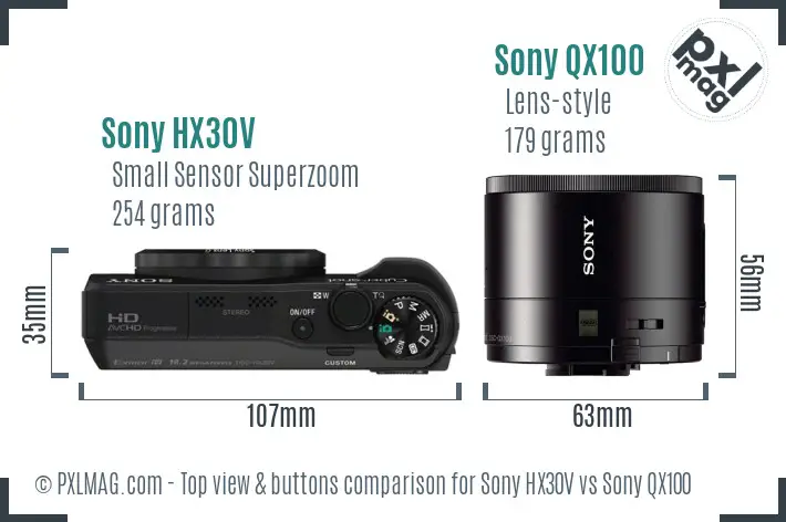 Sony HX30V vs Sony QX100 top view buttons comparison