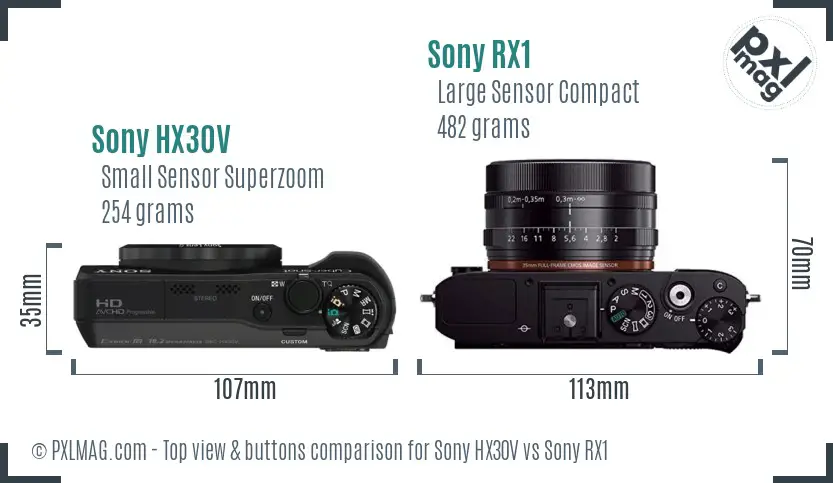Sony HX30V vs Sony RX1 top view buttons comparison