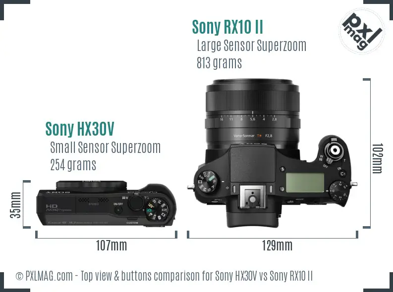 Sony HX30V vs Sony RX10 II top view buttons comparison