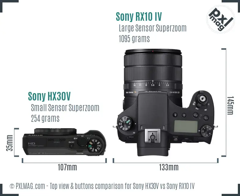Sony HX30V vs Sony RX10 IV top view buttons comparison