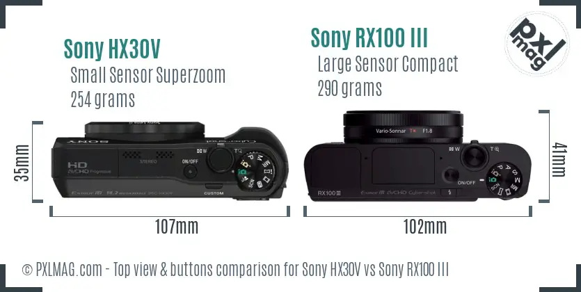 Sony HX30V vs Sony RX100 III top view buttons comparison