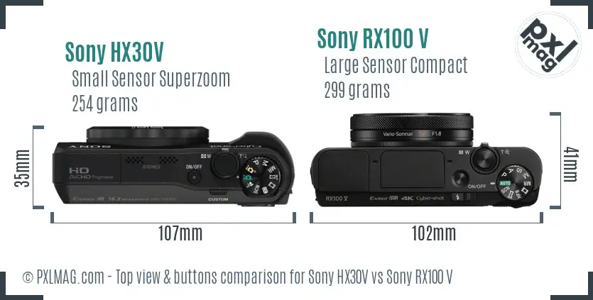 Sony HX30V vs Sony RX100 V top view buttons comparison