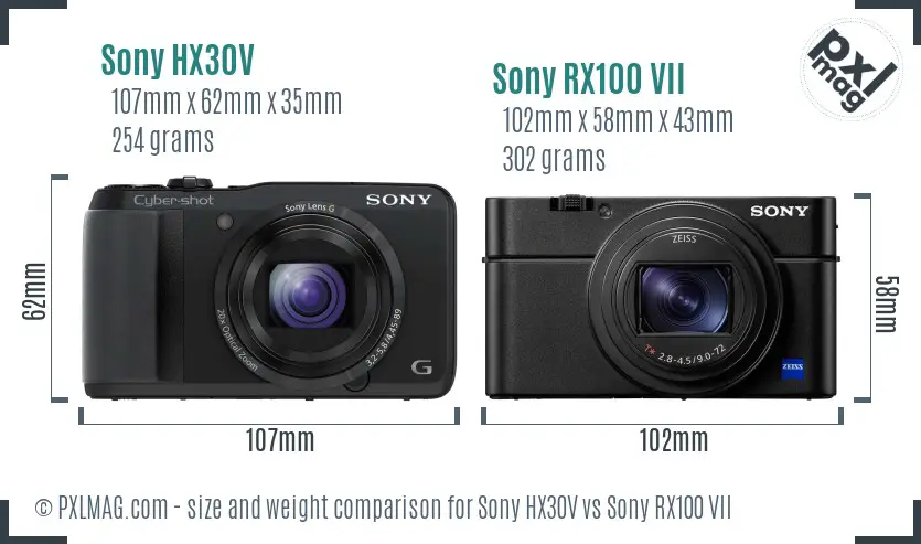 Sony HX30V vs Sony RX100 VII size comparison