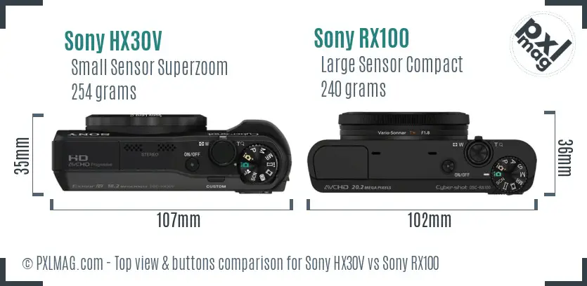 Sony HX30V vs Sony RX100 top view buttons comparison