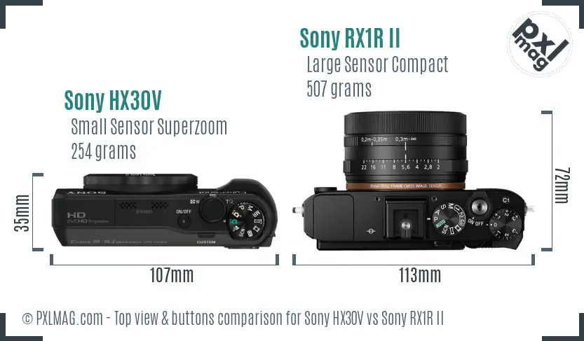 Sony HX30V vs Sony RX1R II top view buttons comparison