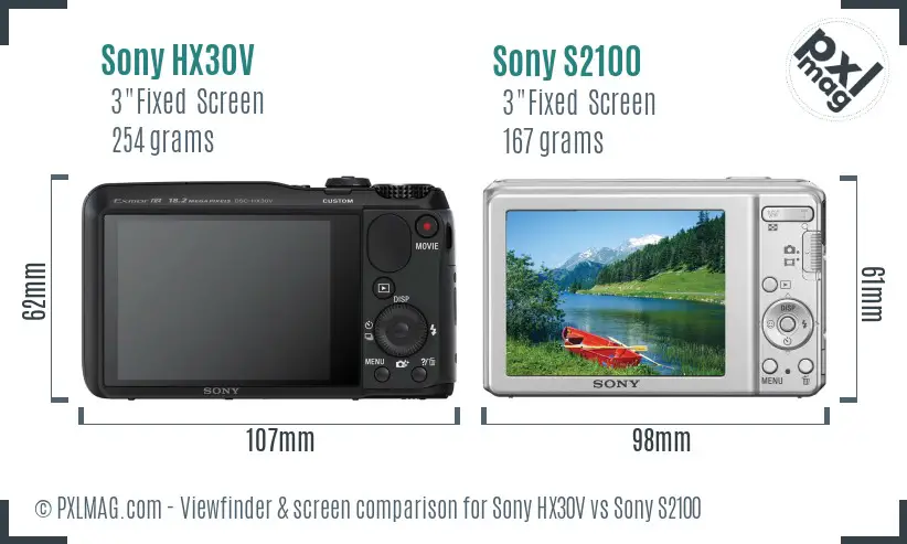 Sony HX30V vs Sony S2100 Screen and Viewfinder comparison