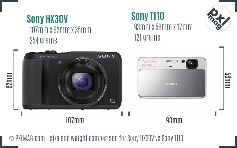 Sony HX30V vs Sony T110 size comparison