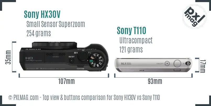 Sony HX30V vs Sony T110 top view buttons comparison