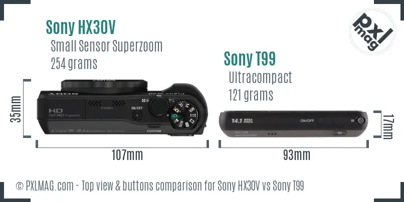 Sony HX30V vs Sony T99 top view buttons comparison