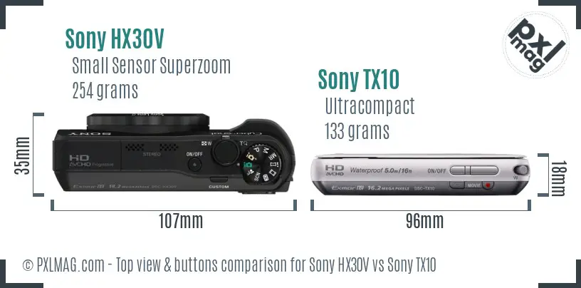 Sony HX30V vs Sony TX10 top view buttons comparison