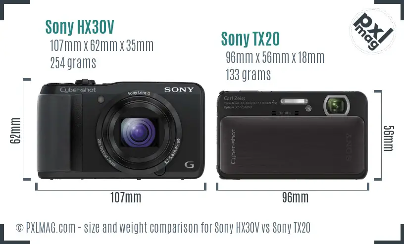 Sony HX30V vs Sony TX20 size comparison