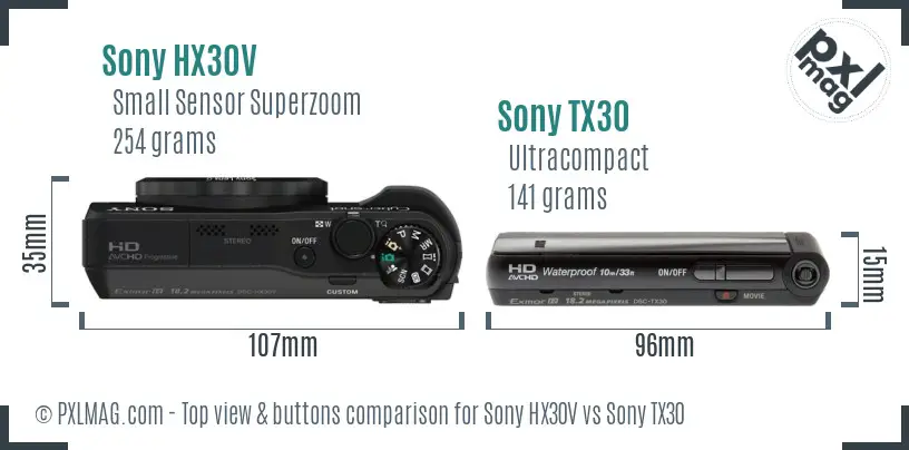 Sony HX30V vs Sony TX30 top view buttons comparison