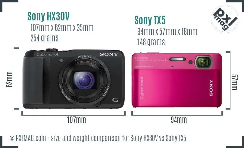 Sony HX30V vs Sony TX5 size comparison