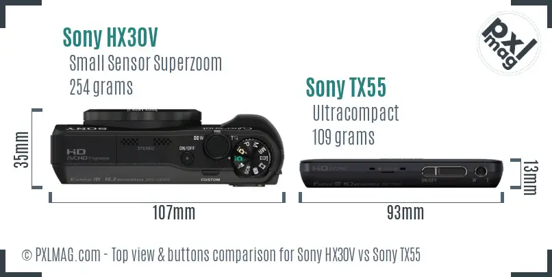 Sony HX30V vs Sony TX55 top view buttons comparison