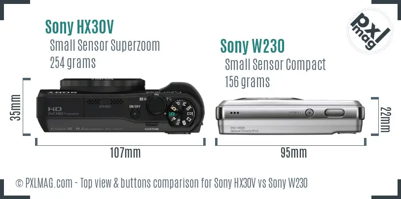 Sony HX30V vs Sony W230 top view buttons comparison