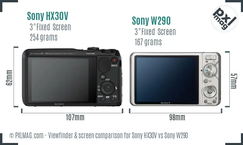 Sony HX30V vs Sony W290 Screen and Viewfinder comparison