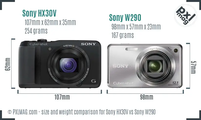 Sony HX30V vs Sony W290 size comparison