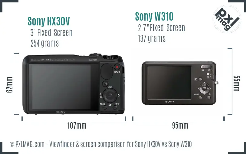 Sony HX30V vs Sony W310 Screen and Viewfinder comparison