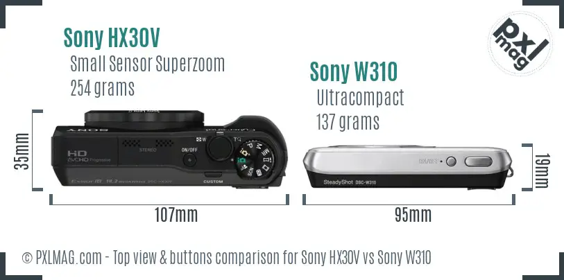 Sony HX30V vs Sony W310 top view buttons comparison