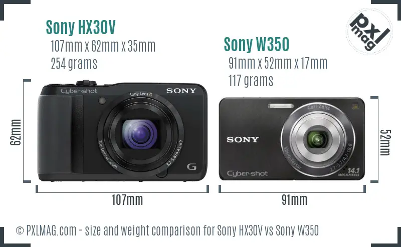 Sony HX30V vs Sony W350 size comparison