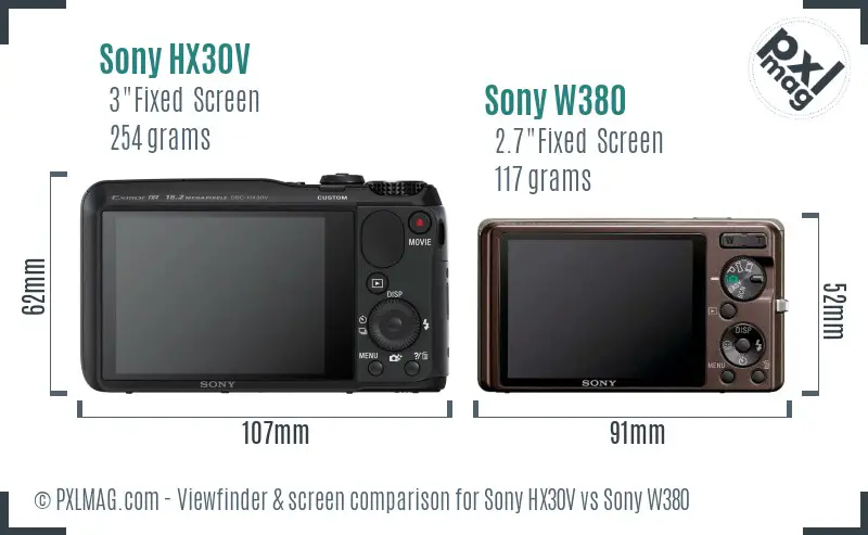 Sony HX30V vs Sony W380 Screen and Viewfinder comparison
