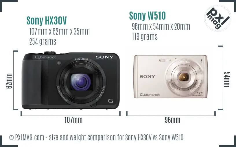 Sony HX30V vs Sony W510 size comparison