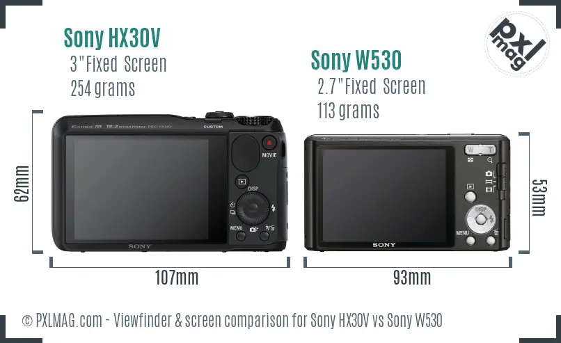 Sony HX30V vs Sony W530 Screen and Viewfinder comparison