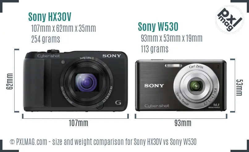Sony HX30V vs Sony W530 size comparison