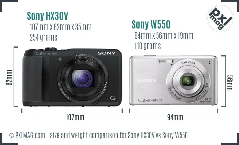 Sony HX30V vs Sony W550 size comparison