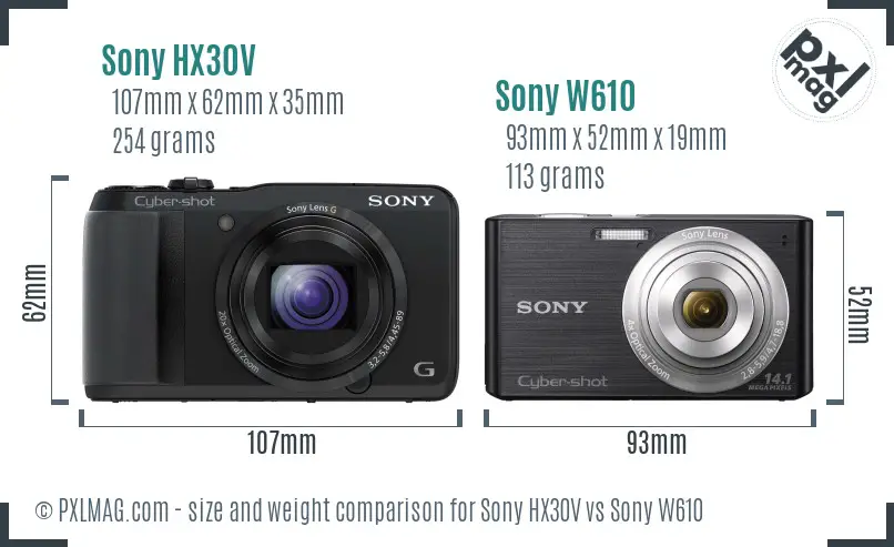 Sony HX30V vs Sony W610 size comparison