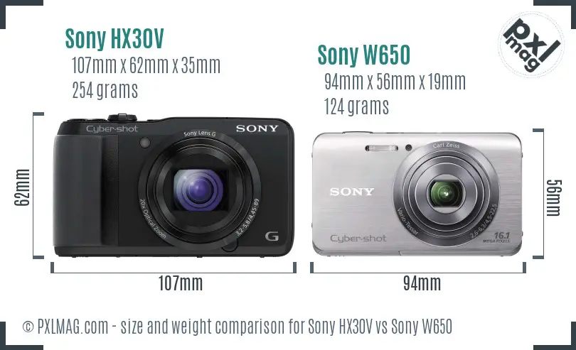Sony HX30V vs Sony W650 size comparison