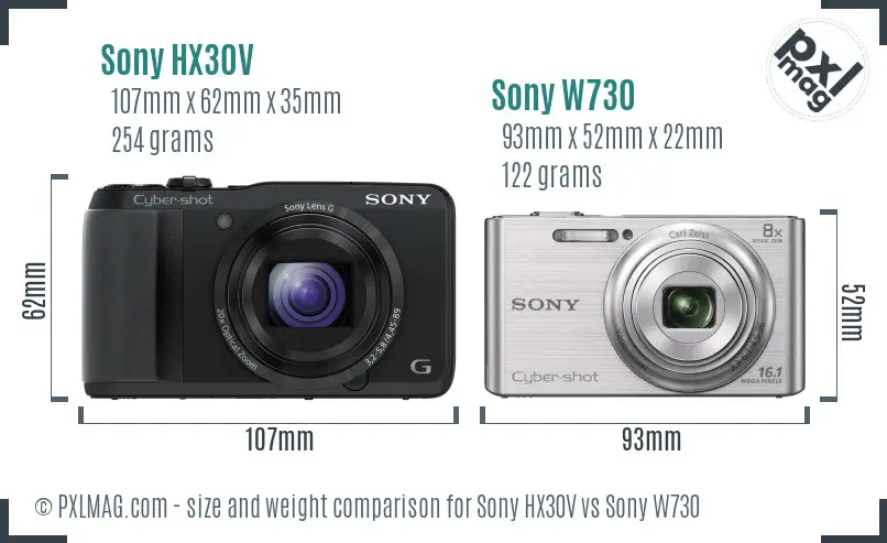 Sony HX30V vs Sony W730 size comparison