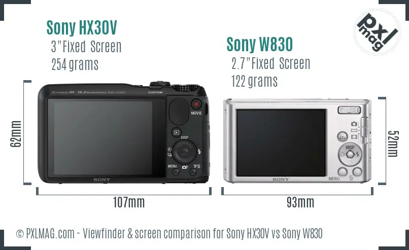 Sony HX30V vs Sony W830 Screen and Viewfinder comparison