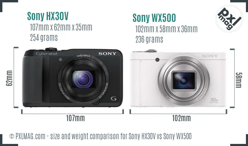 Sony HX30V vs Sony WX500 size comparison
