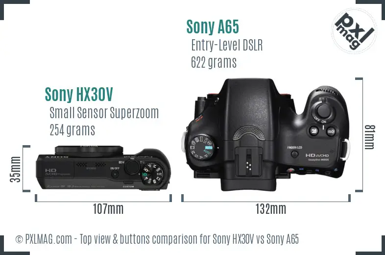 Sony HX30V vs Sony A65 top view buttons comparison